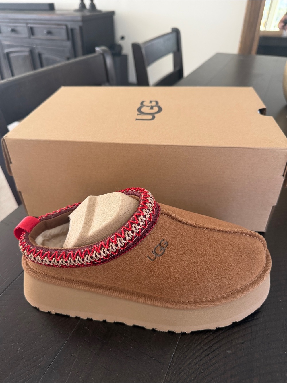 UGG Womens Chestnut Slip-On Clog with Red Trim and Stitching